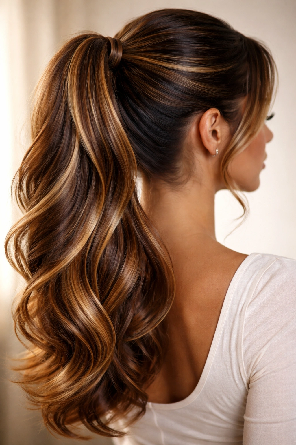High ponytail with caramel and toffee ribbon highlights.