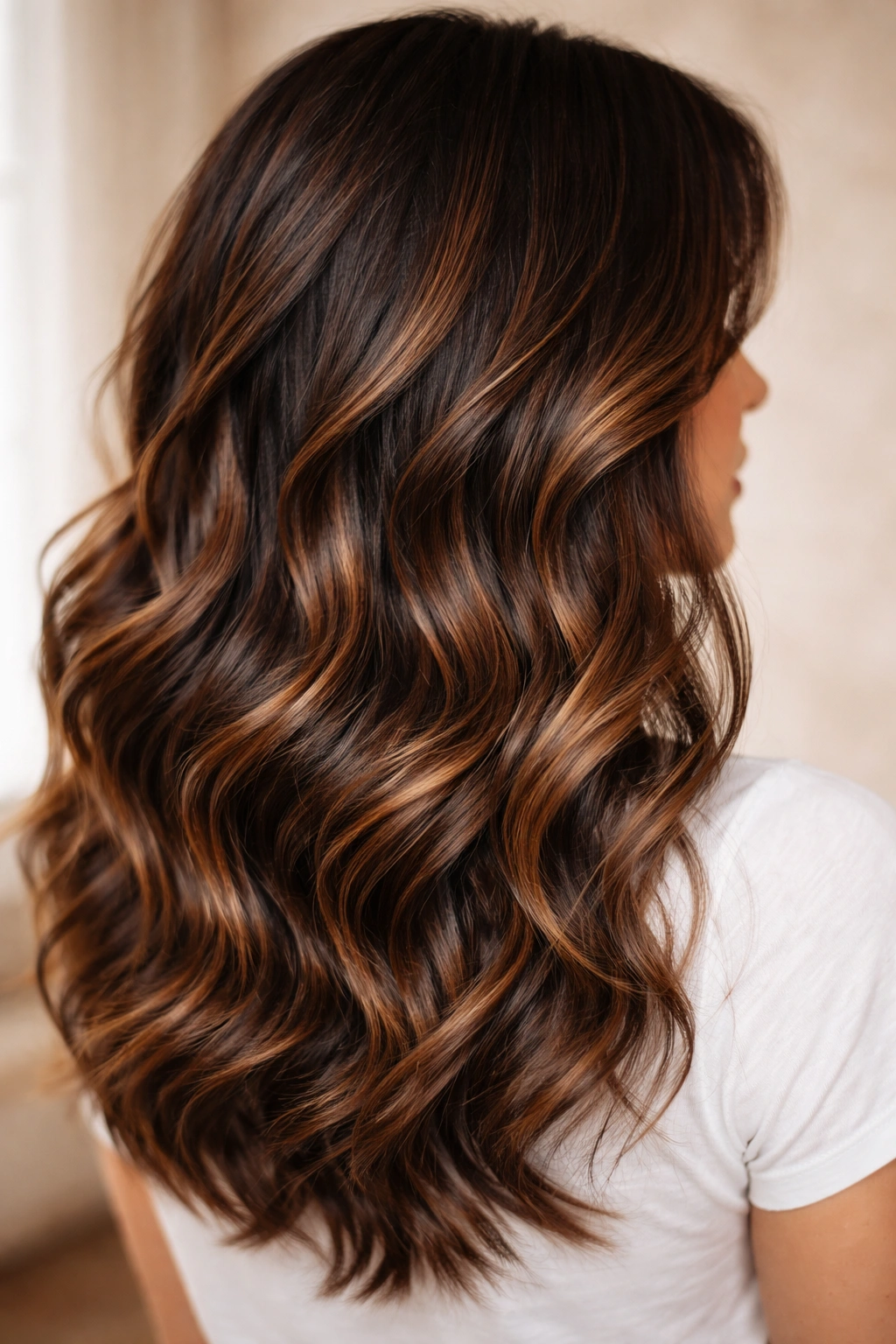 Medium-length dark brown hair with caramel ribbon highlights in waves