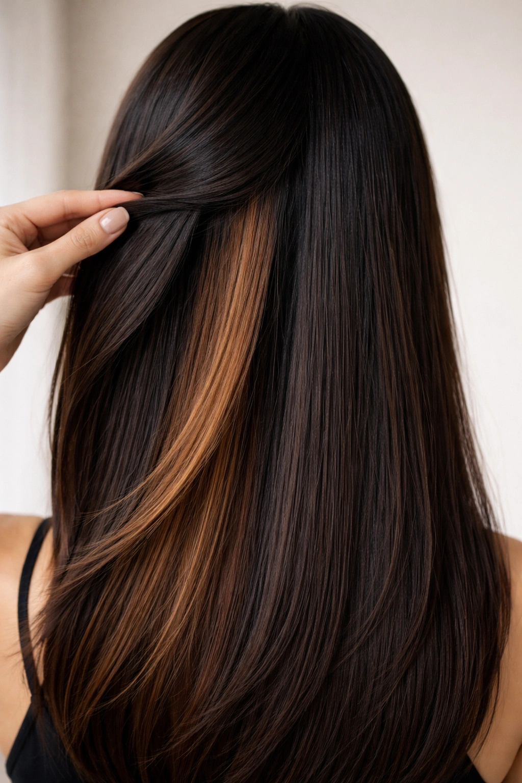 Close-up of straight hair with a caramel skunk stripe peeking through