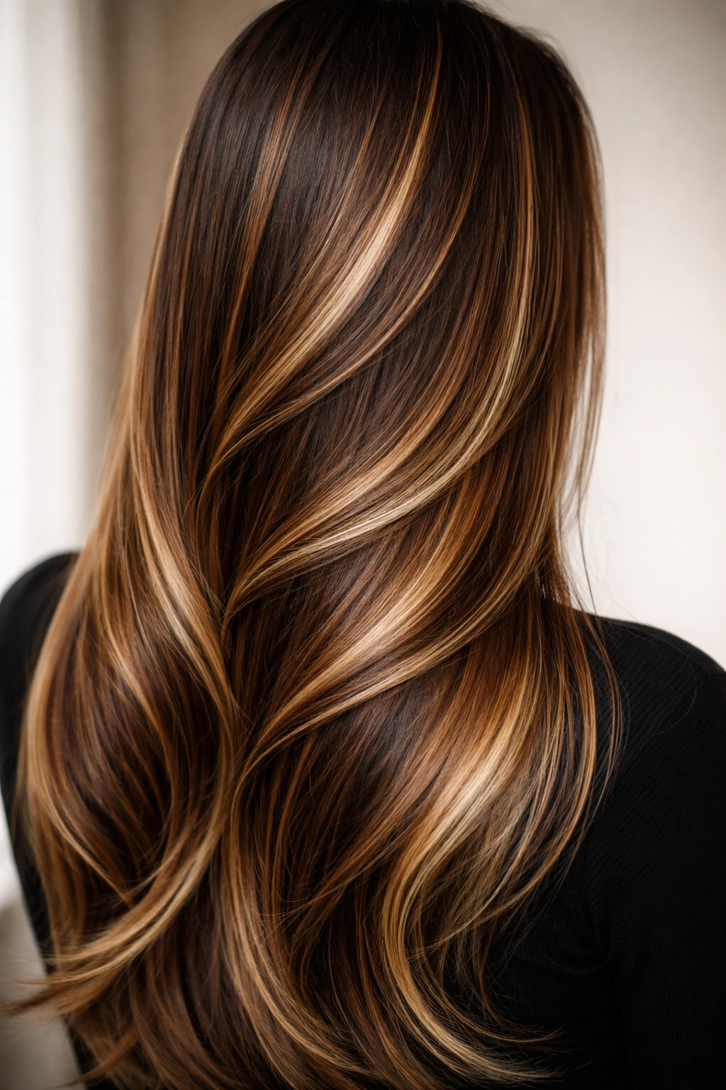 Straight hair with caramel swirl balayage showing flowing caramel tones