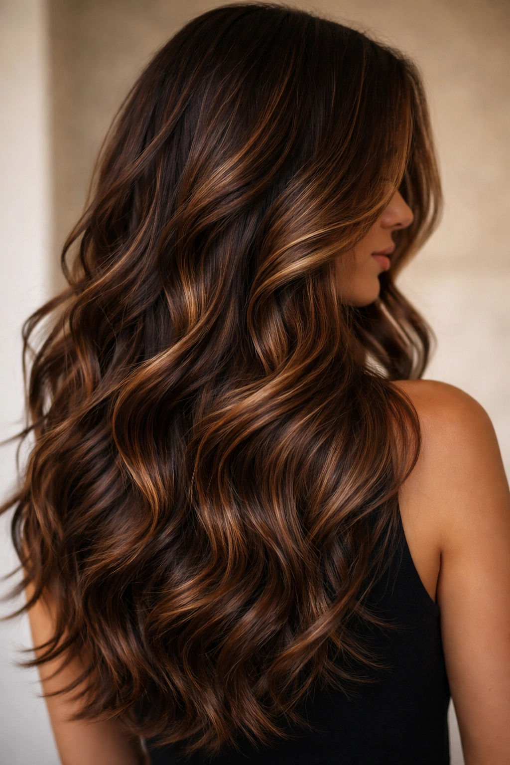 Close-up of caramel-kissed wavy hair with layered movement in dark brown tones