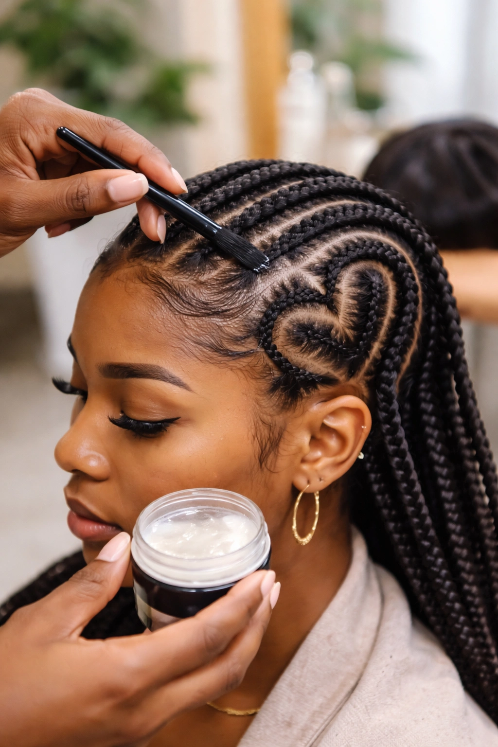 Close-up of edge control being applied to heart-design cornrows at the hairline
