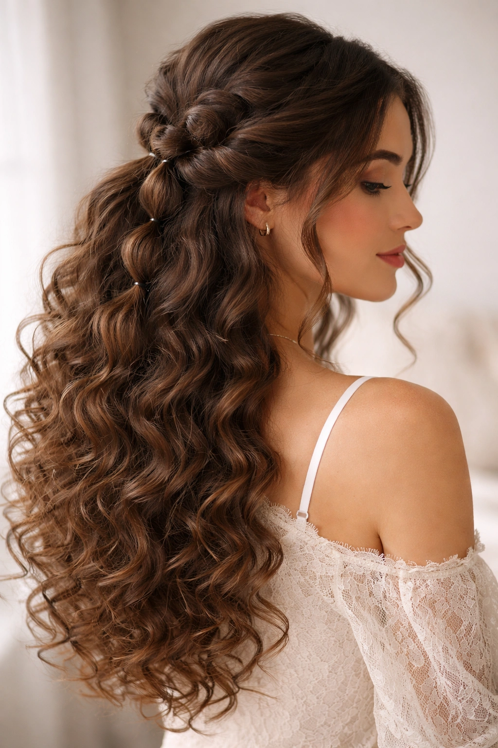 Cascade bubble braid transitioning into voluminous curls with a soft background