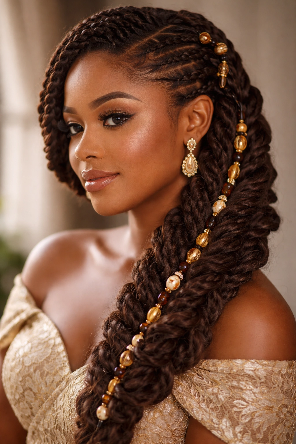 Thick cascading side braids with beads along the cascade