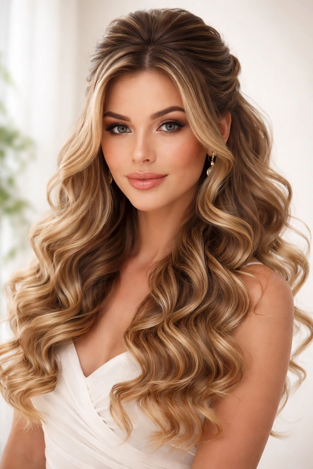 Half up hairstyle with cascading curled sections framing the face