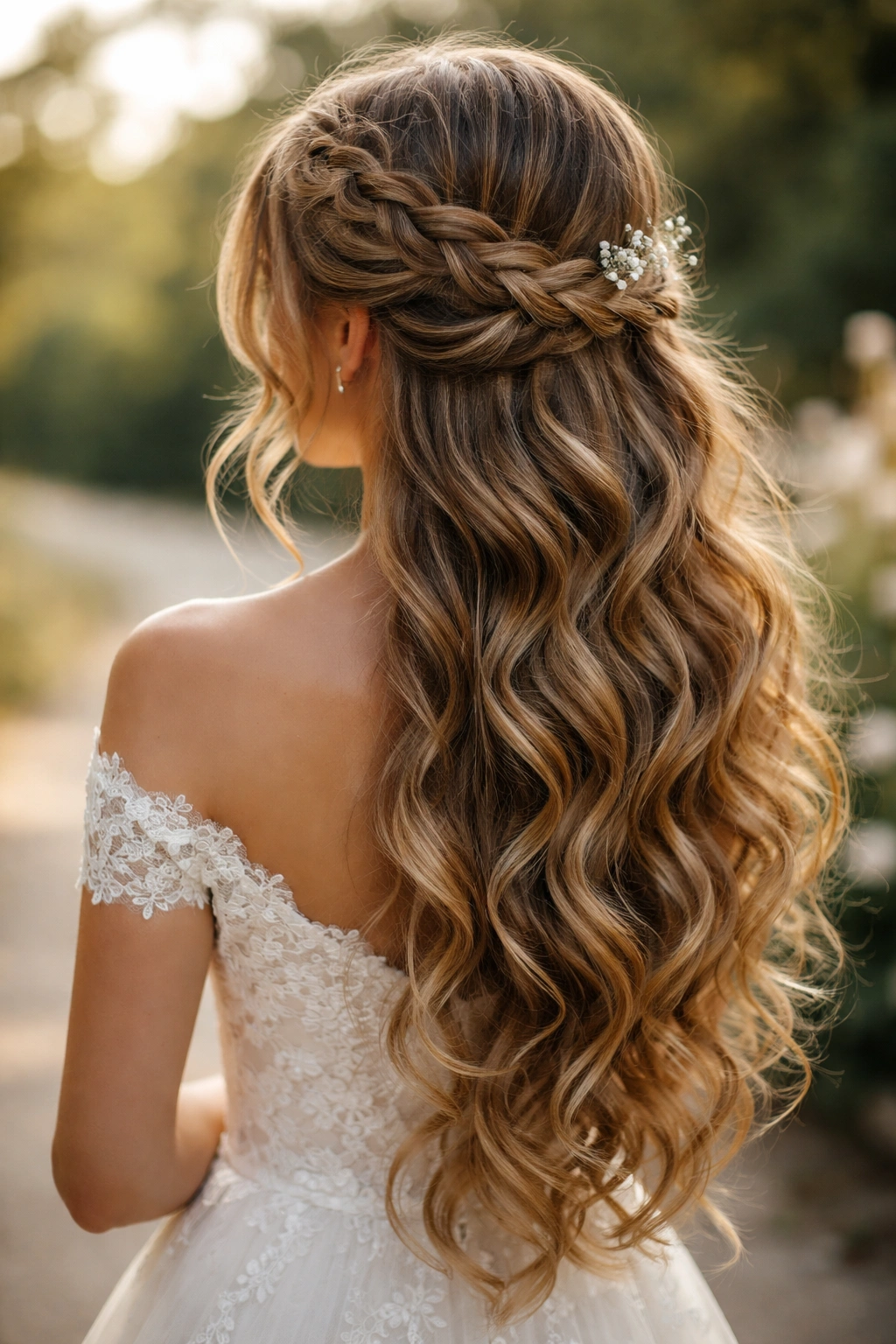 Profile view of crown braid with cascading curls
