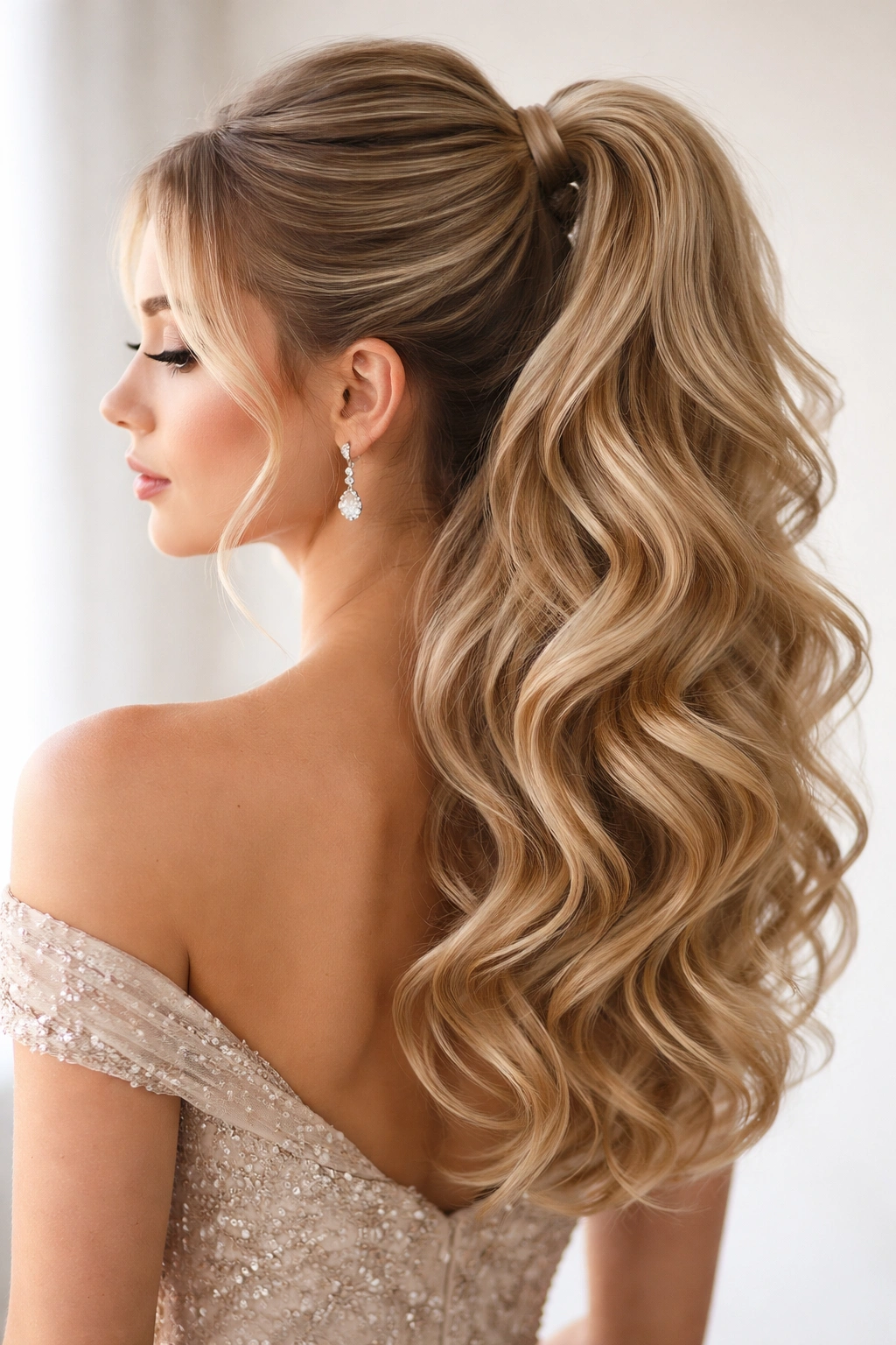 Close-up of cascading curls in a loose high half-ponytail with flowing waves.