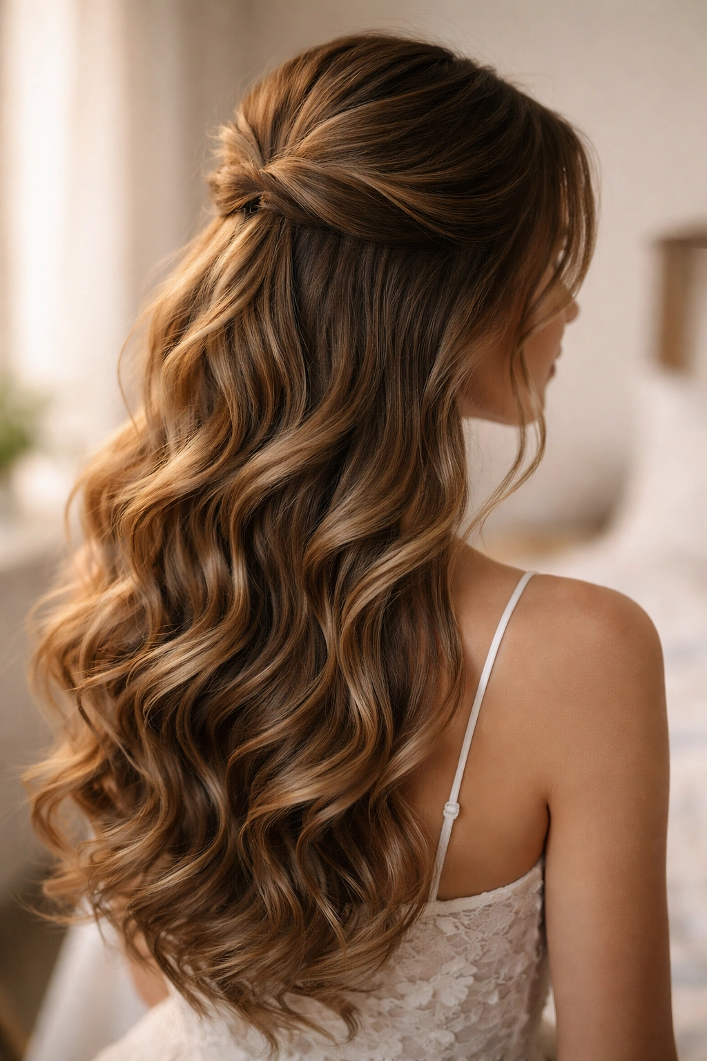 Half-up hairstyle with cascading curls flowing down from the crown