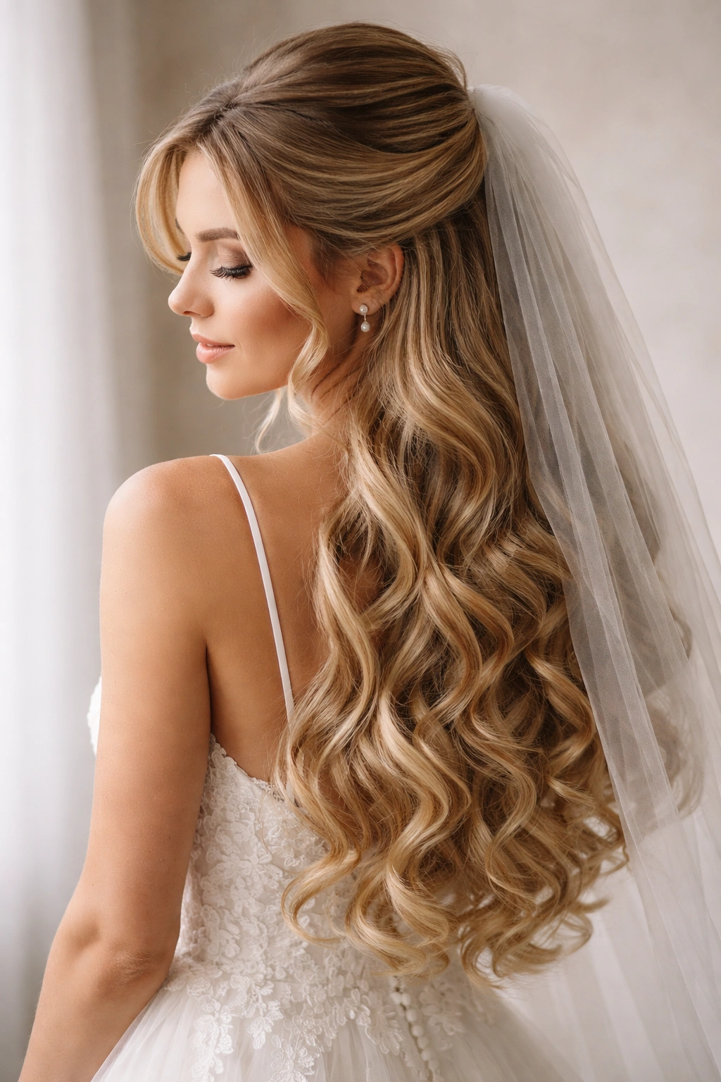 Half up half down hairstyle with cascading curls and delicate veil