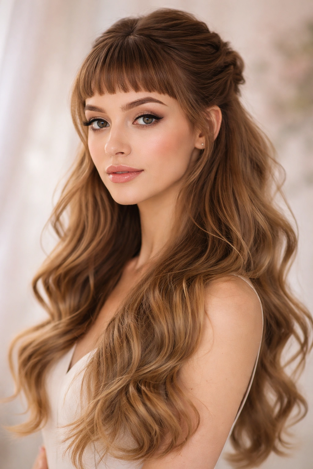 Romantic half-up hairstyle with cascading waves and baby bangs