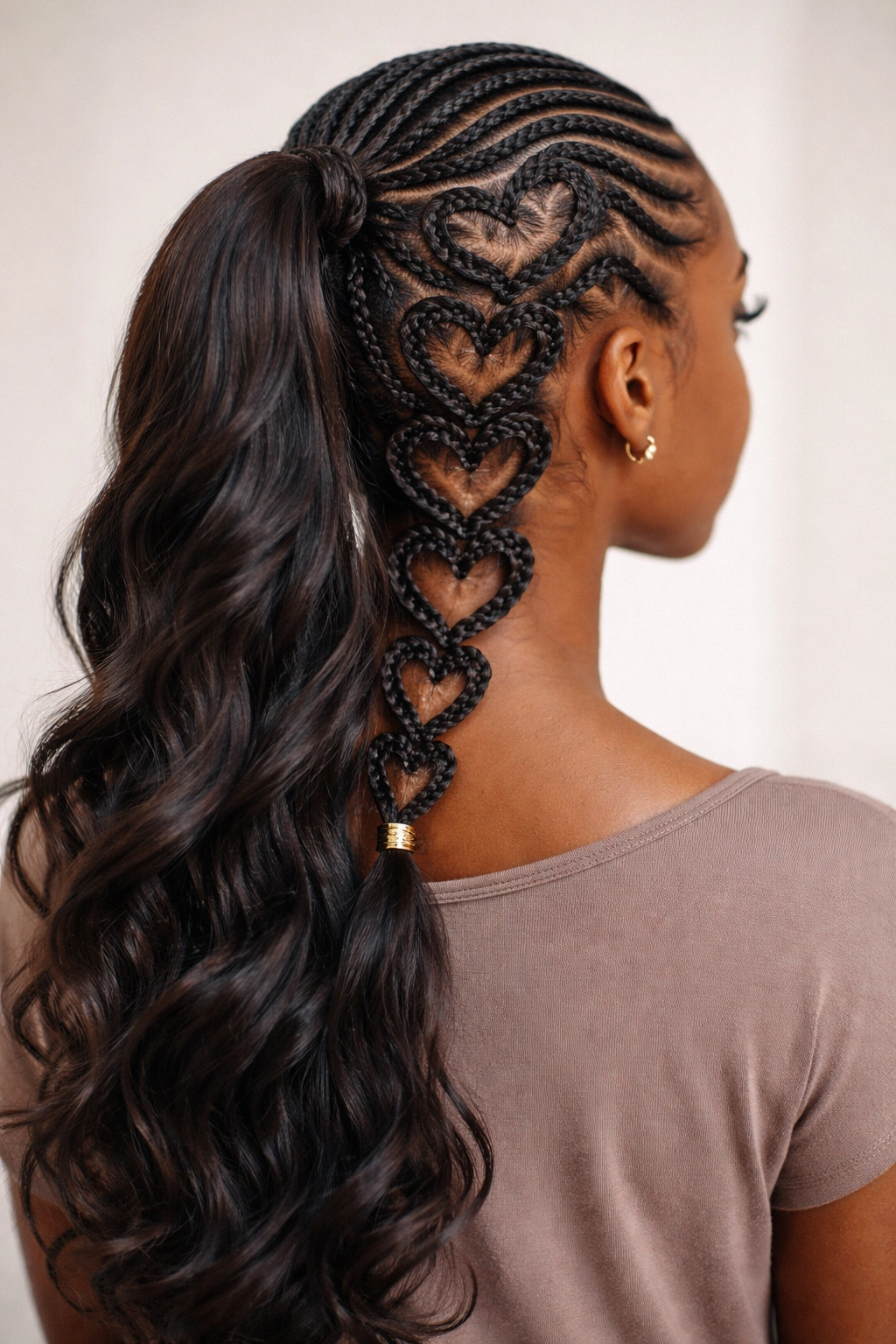 Back view of cascading heart-shaped cornrows flowing toward a ponytail