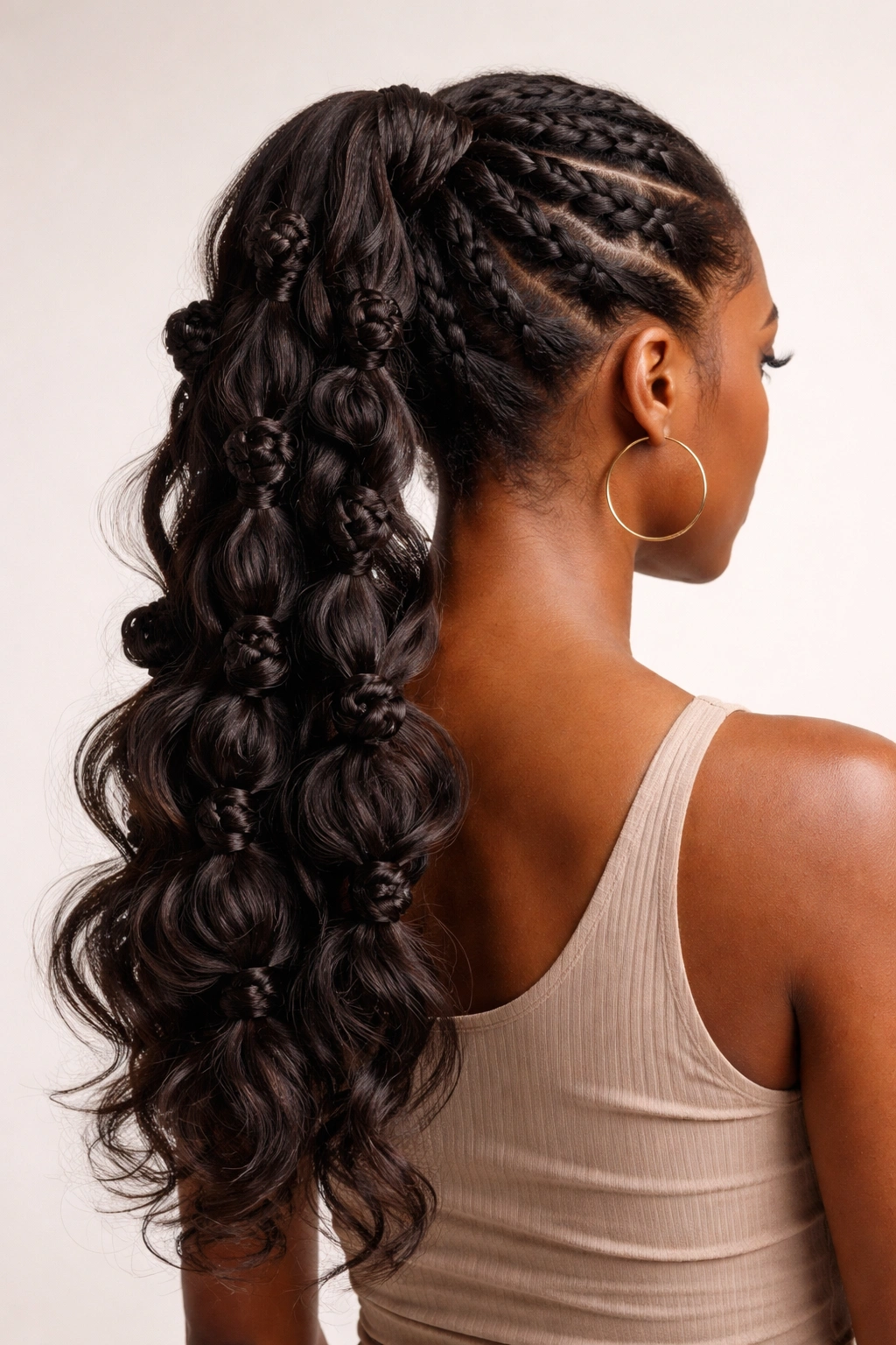 Cascading Bantu knots flowing down the back into a loosely gathered pony
