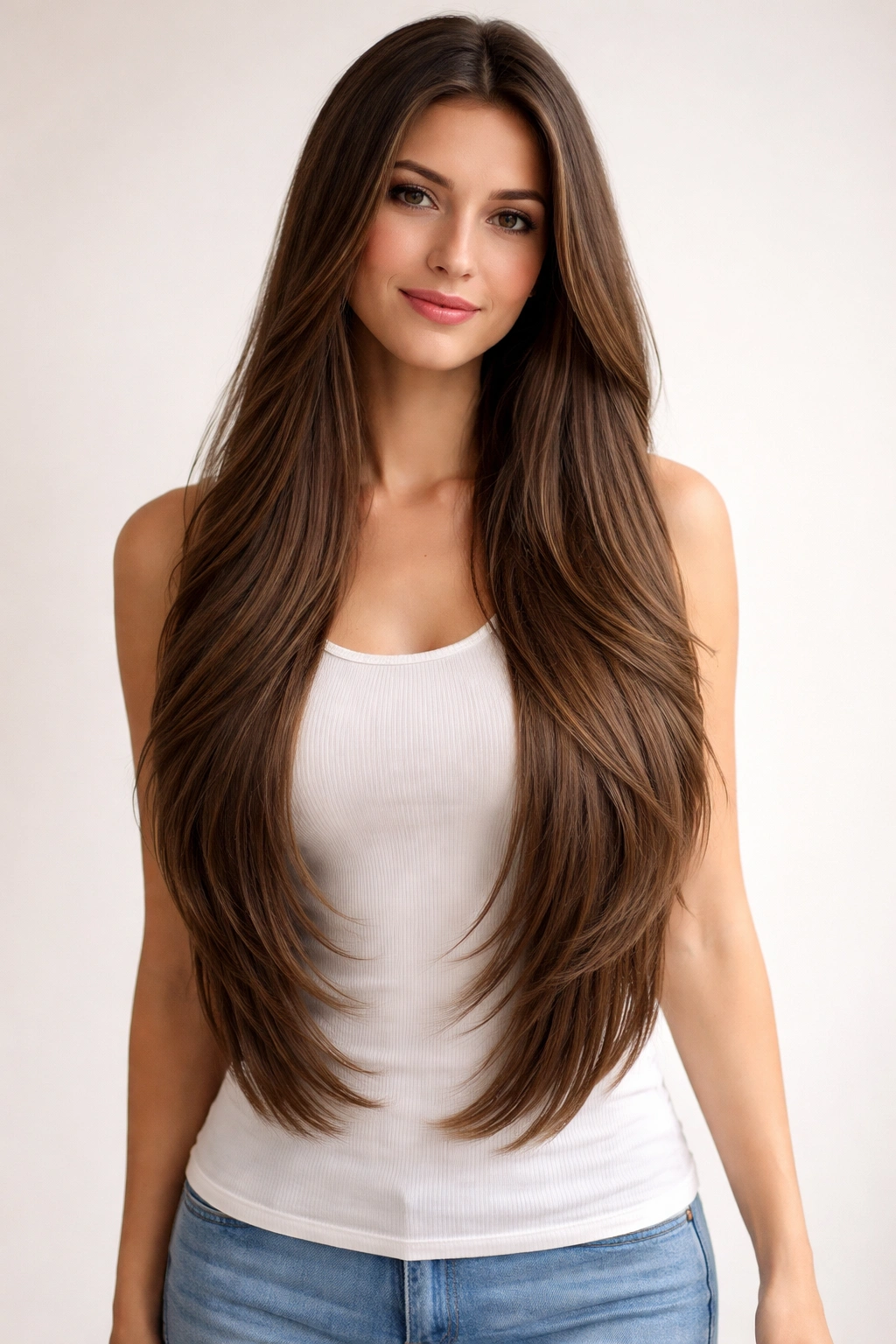 Waist-length straight hair with defined cascading layers in a studio portrait
