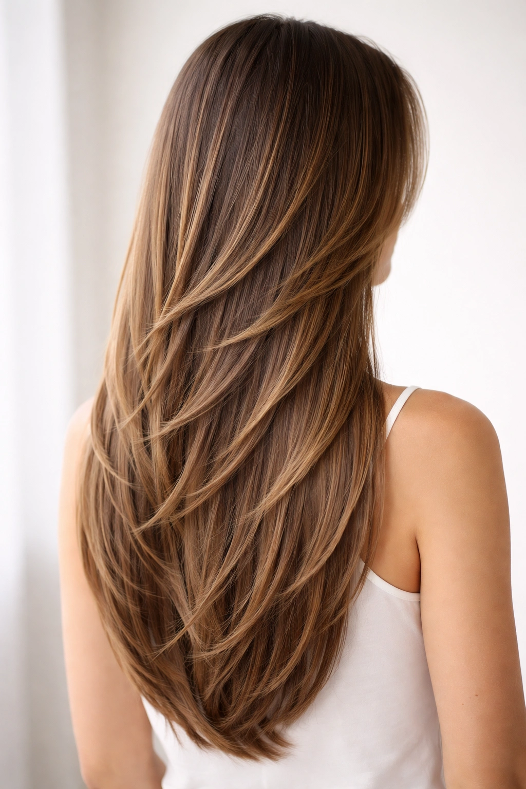 Long straight hair with cascading waterfall layers from crown to bottom