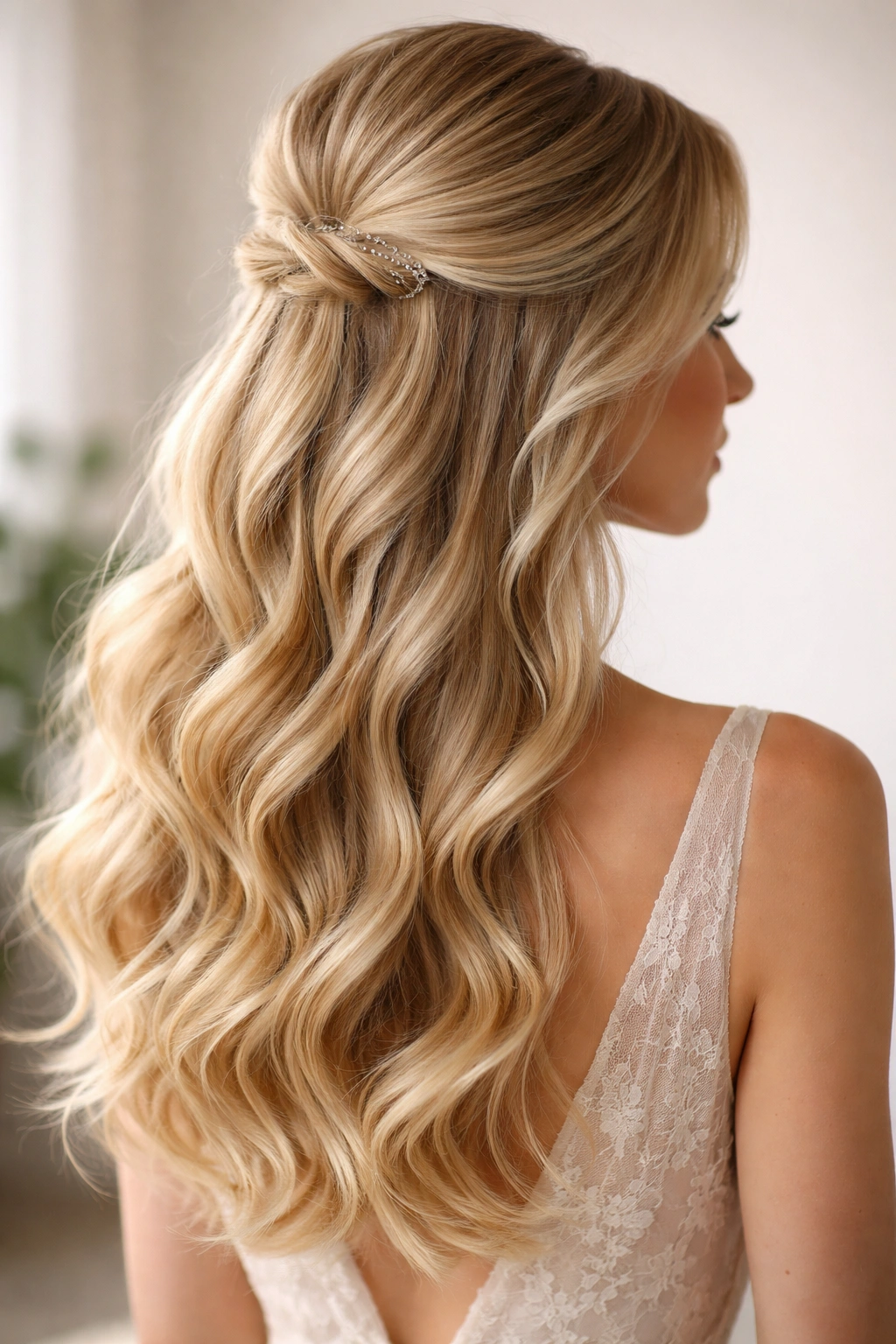 Close-up of cascading waves half-up hairstyle on blonde hair, showcasing volume and shine