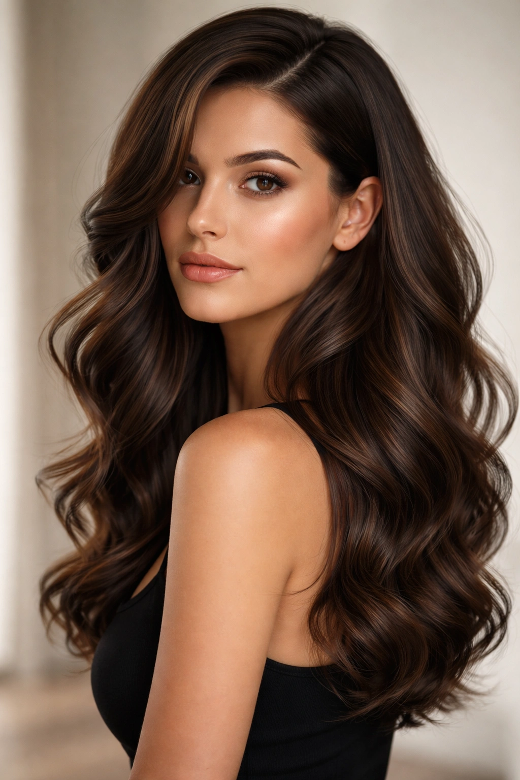 Brunette with cascading waves and a deep side part, soft S-curves catching light