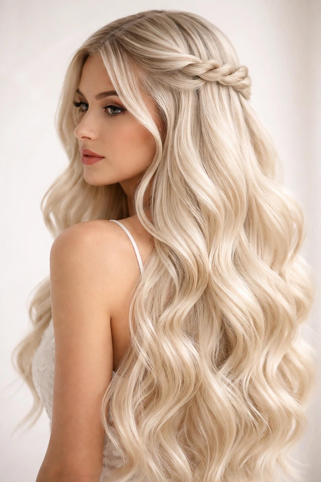 Cascading platinum waves with twisted crown detail portrait