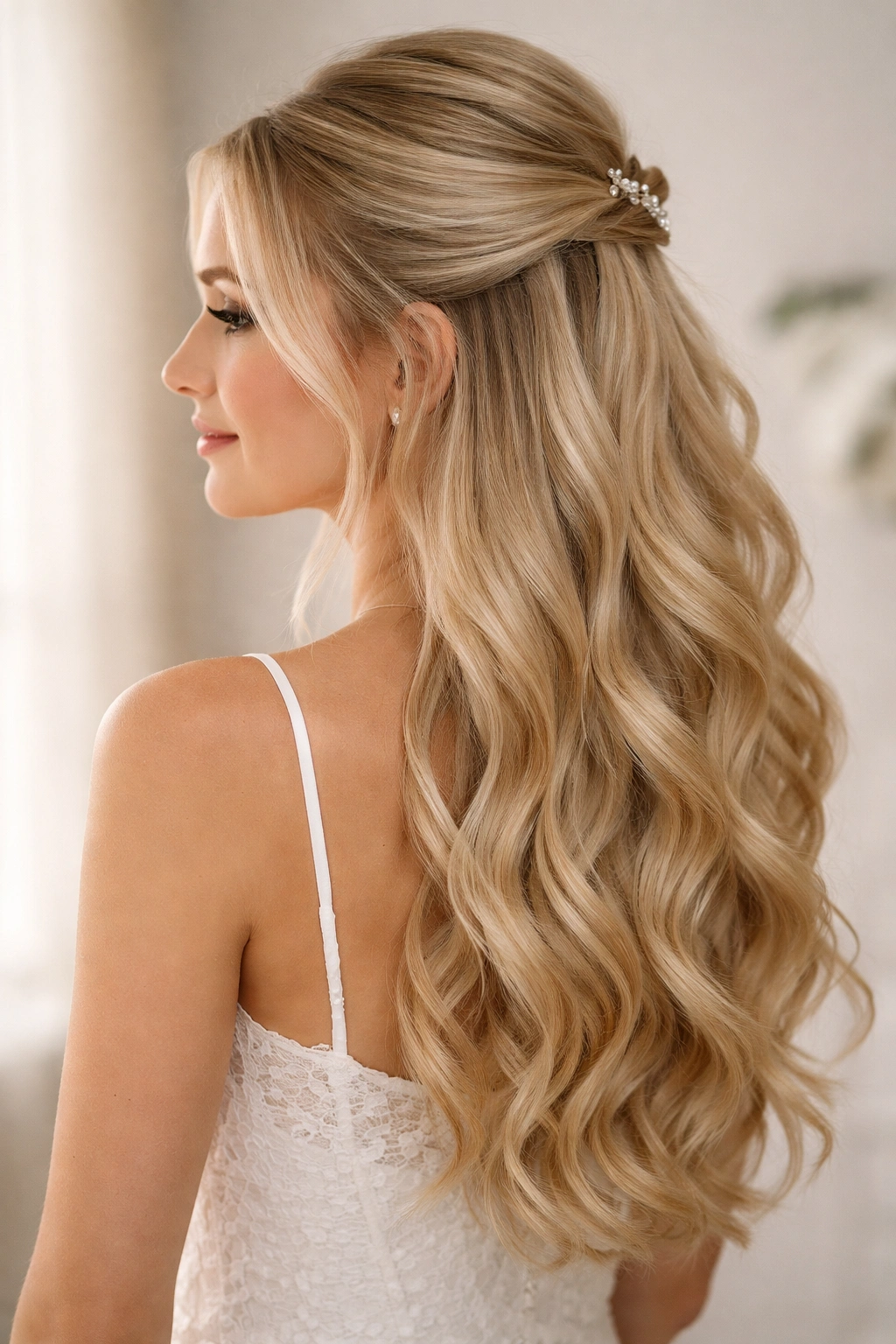 Bridal half-up hairstyle with cascading waves from the pinned section