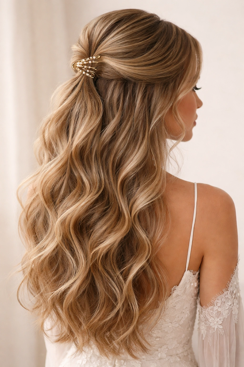 Hairstyle with cascading waves secured by claw clip at crown