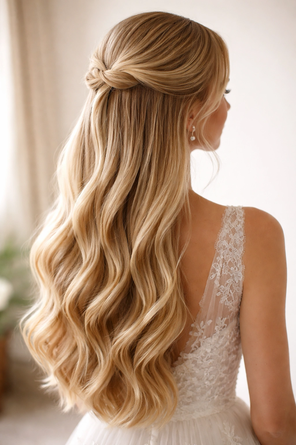 Bride with half-up twist and cascading waves in straight hair