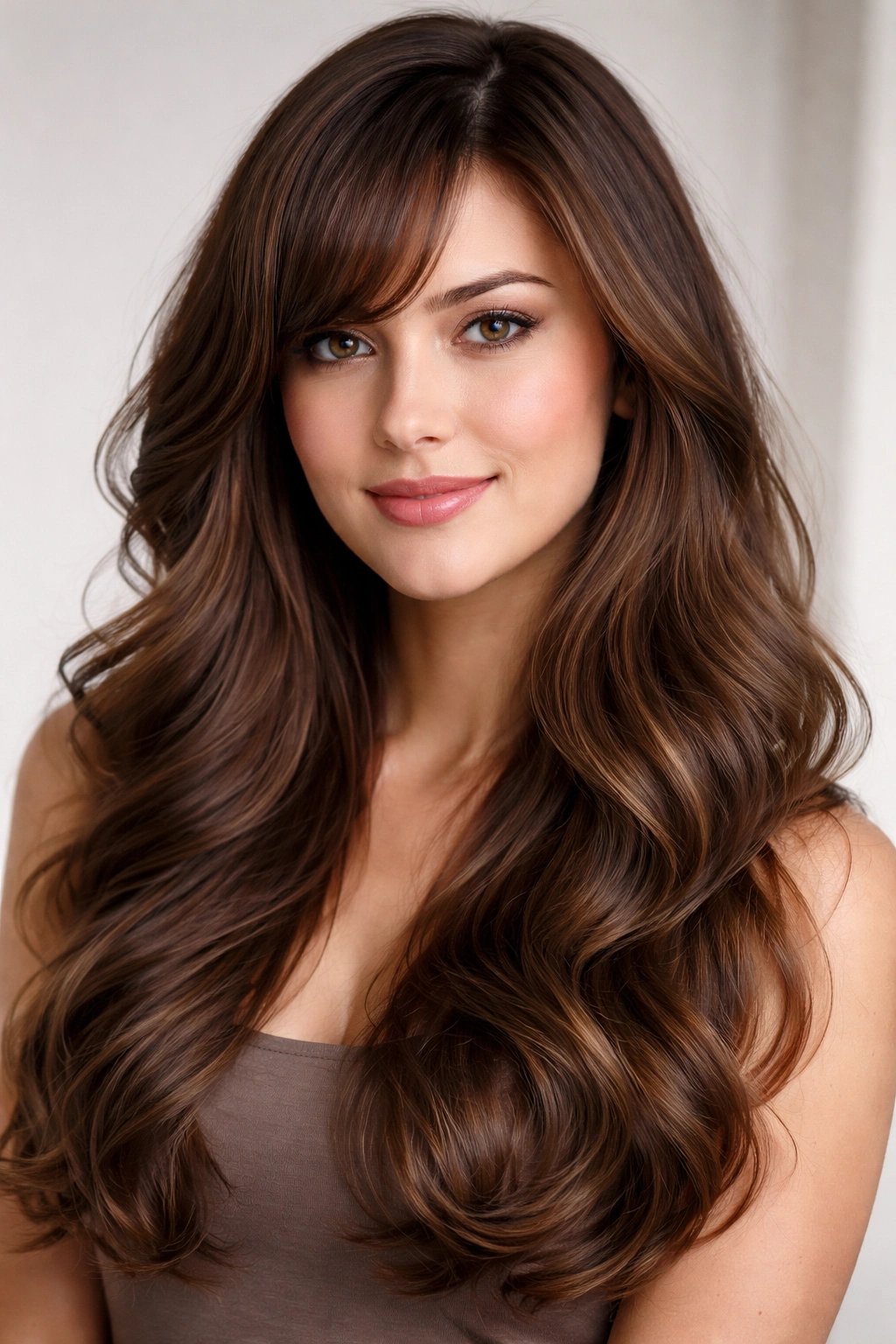 Cascading waves with long side bangs blending into layers