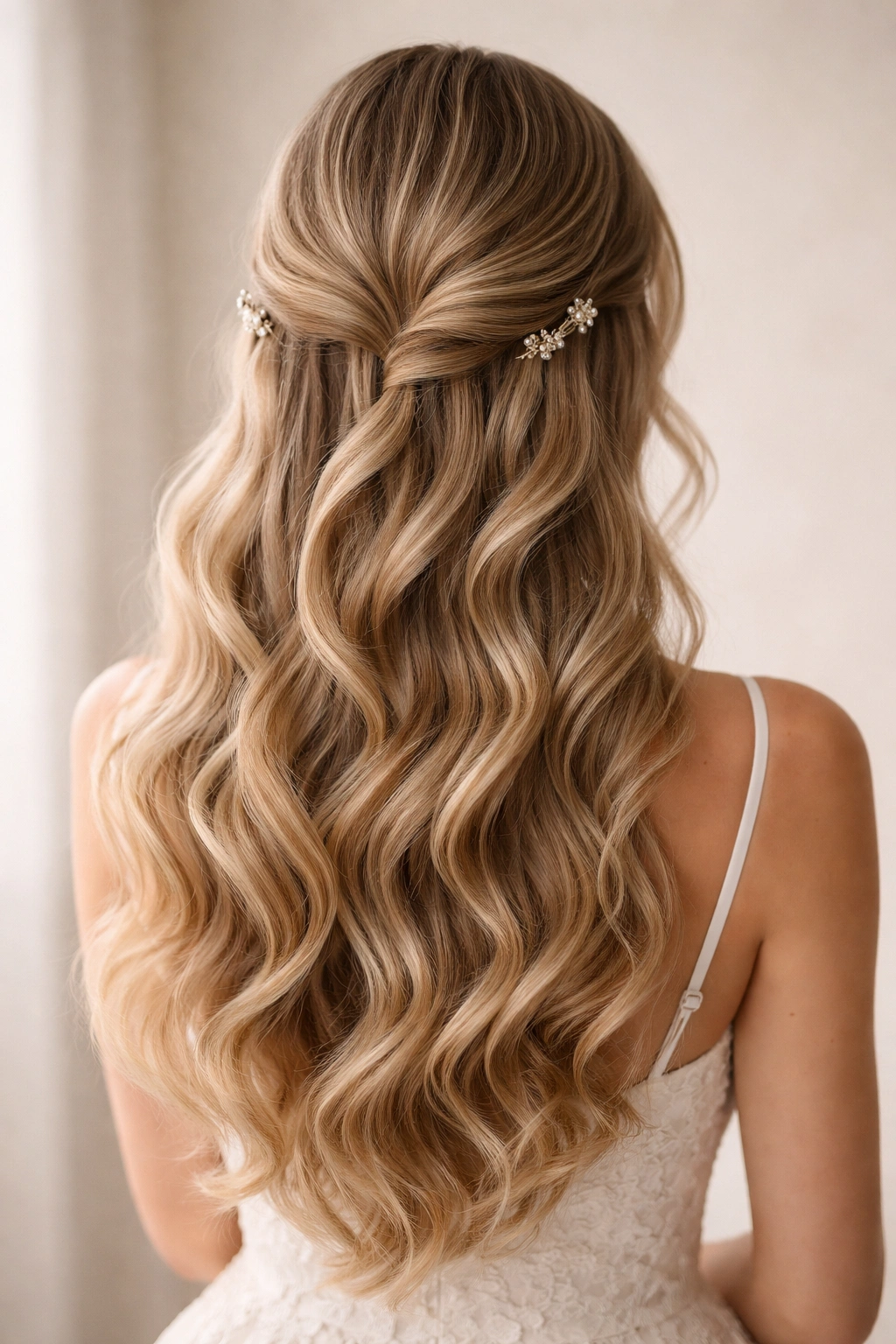 Back view of cascading waves with decorative pins along the side
