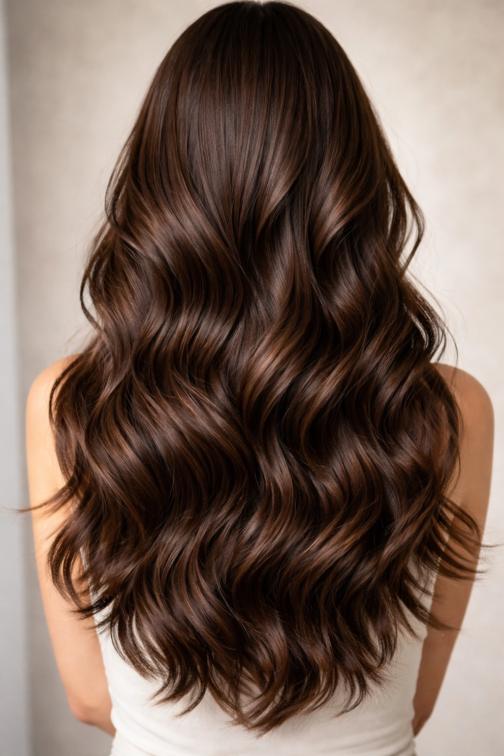 Long chocolate brown hair with cascading waves and textured ends