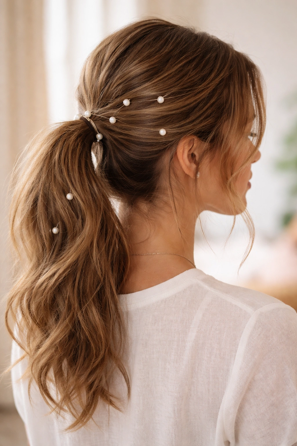Casual ponytail with scattered pearl clips for effortless elegance