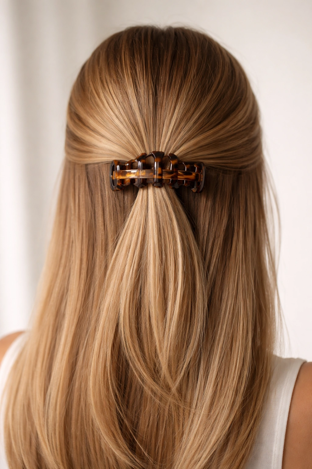 Center-back clip securing straight hair in a classic style