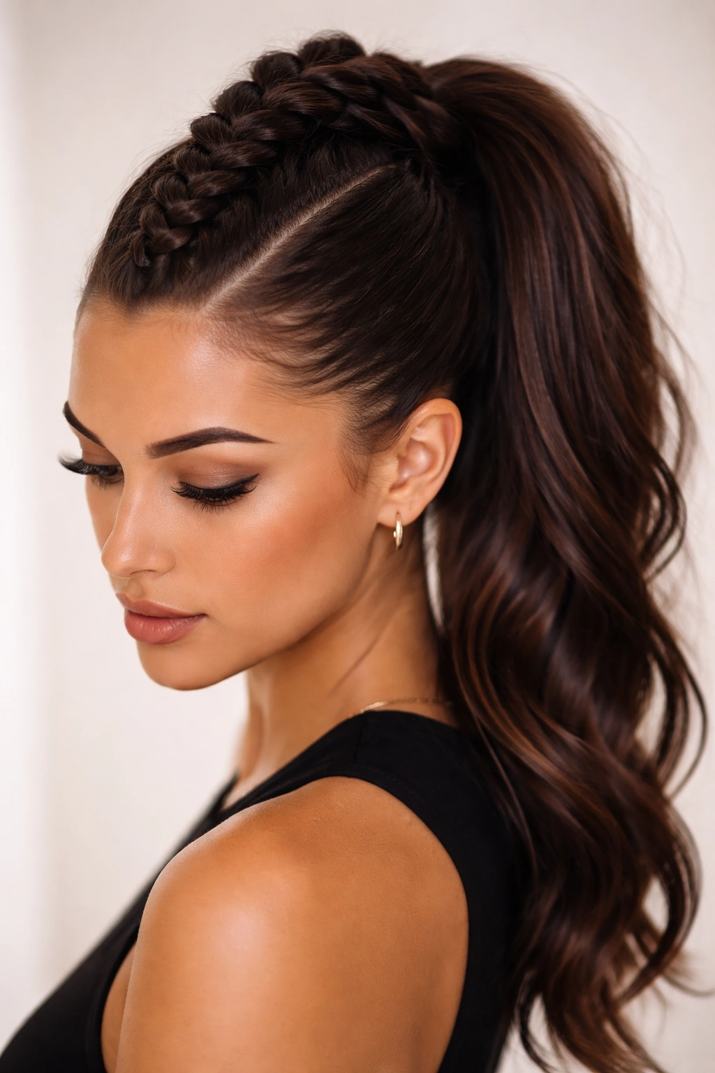 Close-up of a center braid mohawk ponytail with clean lines and textured braid