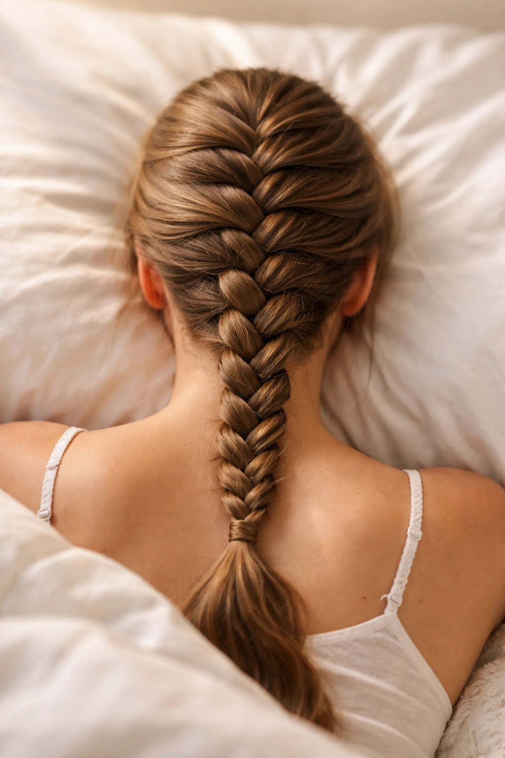 Close-up of a symmetrical center French braid along the crown.