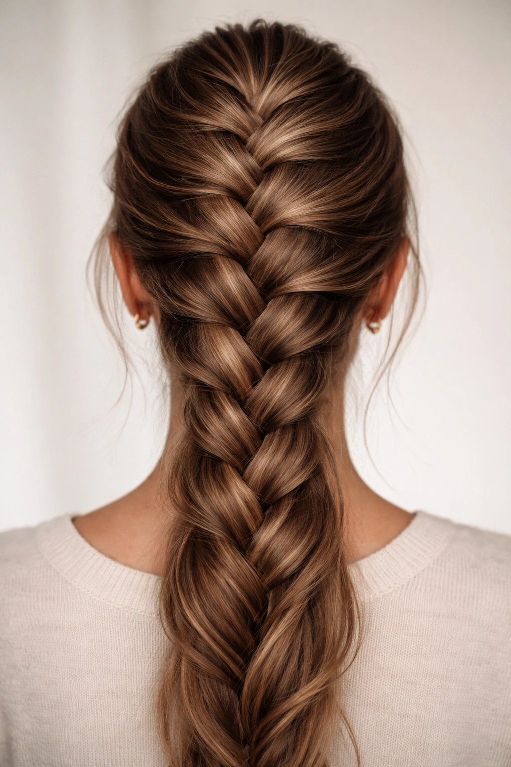 Close-up view of a center-parted loose French braid along the crown