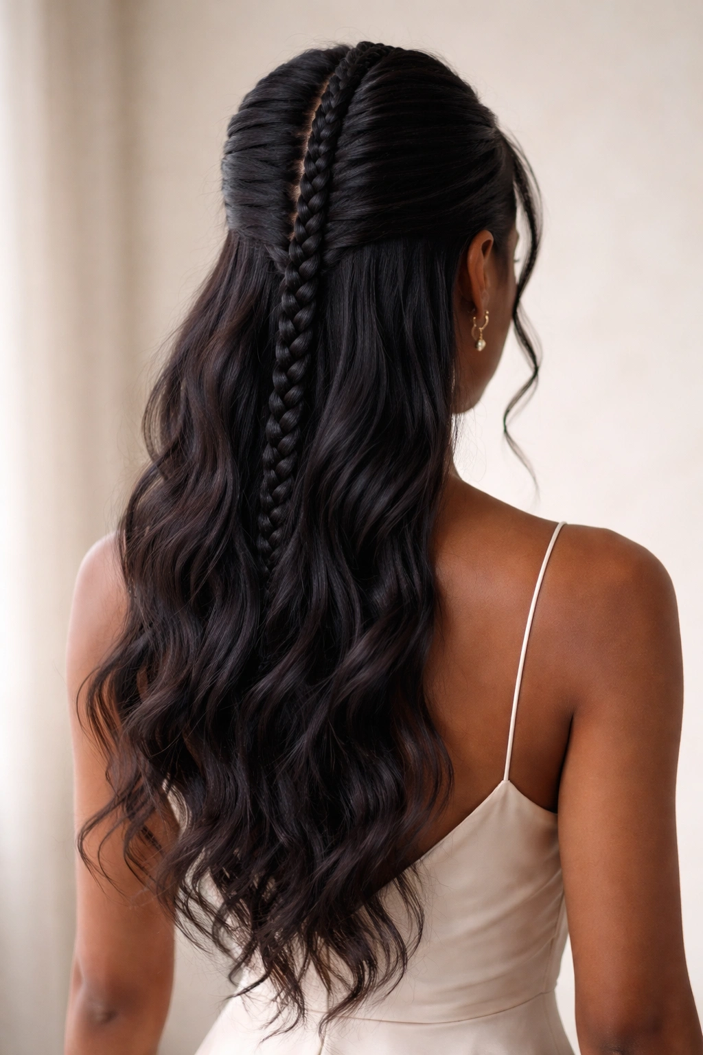 Single thick center cornrow with loose wavy hair at the back