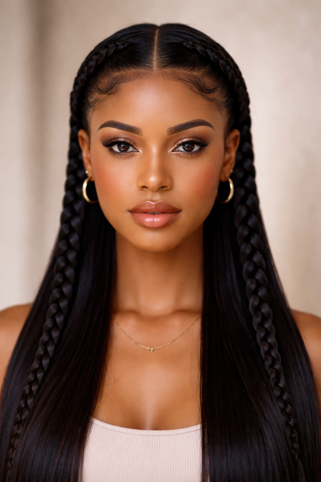 Sleek center-part goddess braids on straight hair, mirrored on both sides.