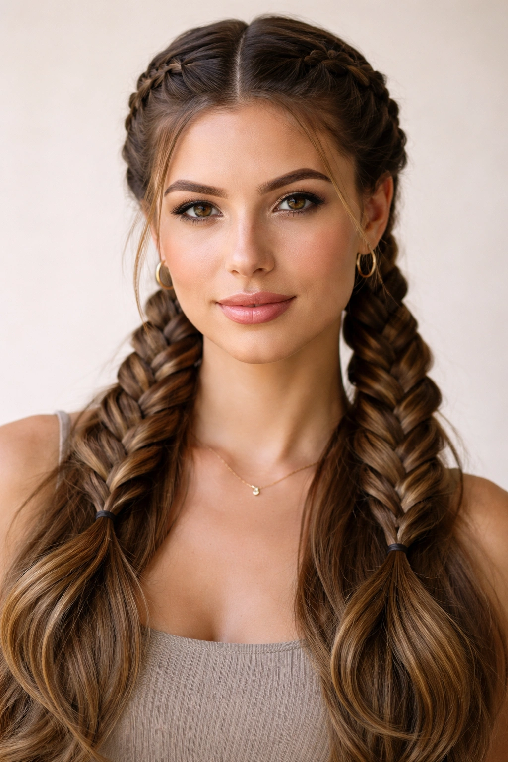 Close-up of classic center-parted double Dutch braids forming two low ponytails
