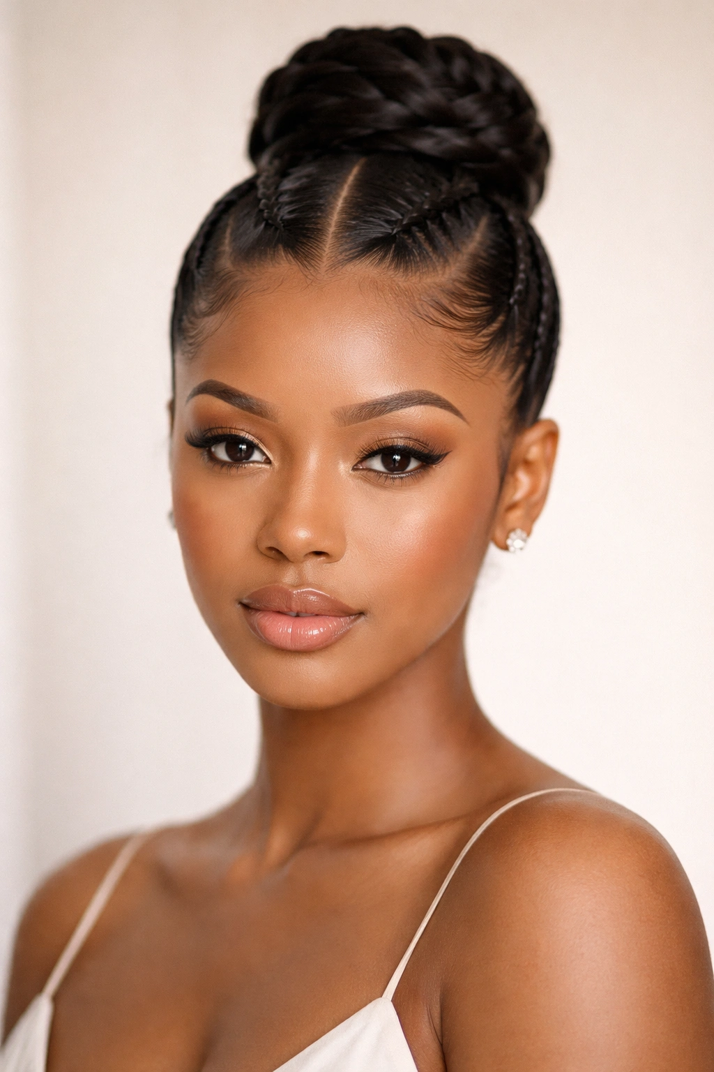 Close-up portrait of Sleek Center-Part Crown Bun hairstyle on a model