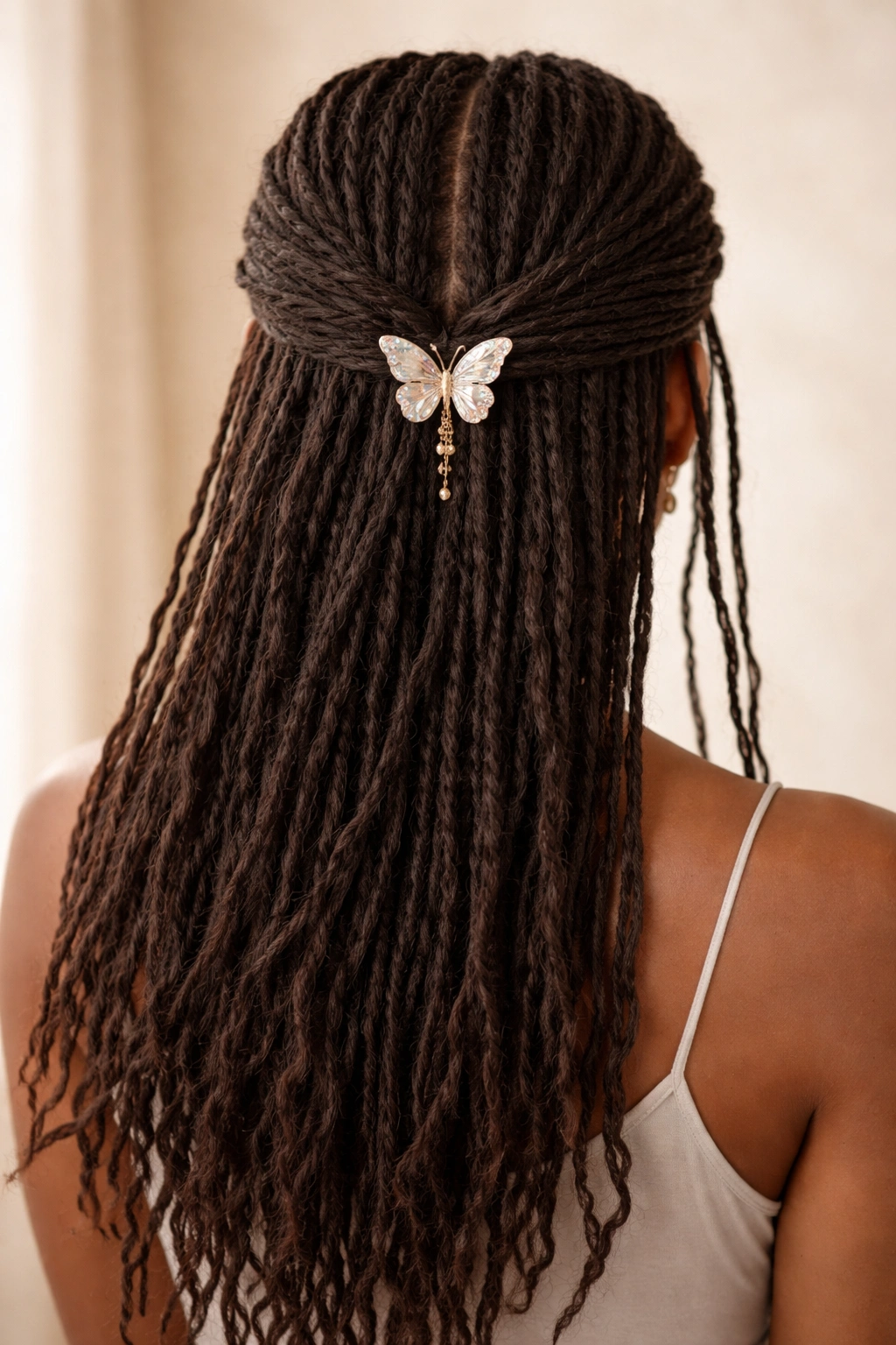Back view of a center-part loc hairstyle with a low butterfly clip at the nape