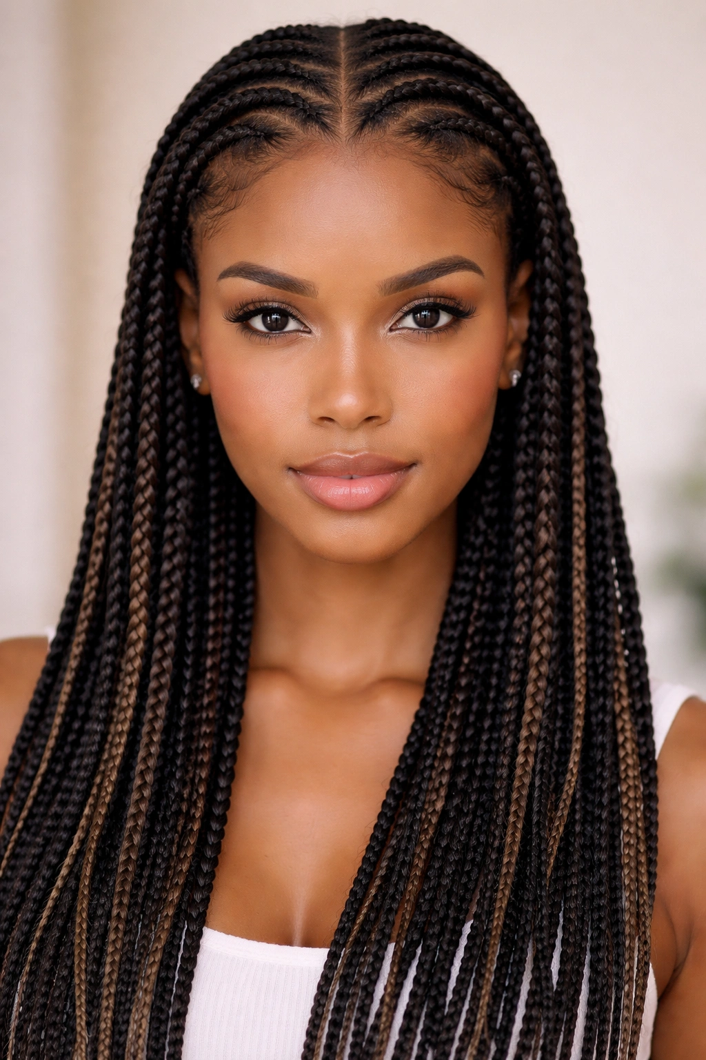 Center-part cornrows with layered box braids framing a face