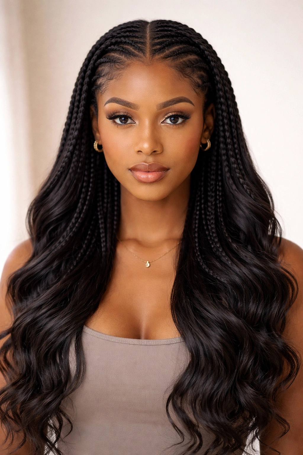 Symmetrical center-parted cornrows with flowing ends