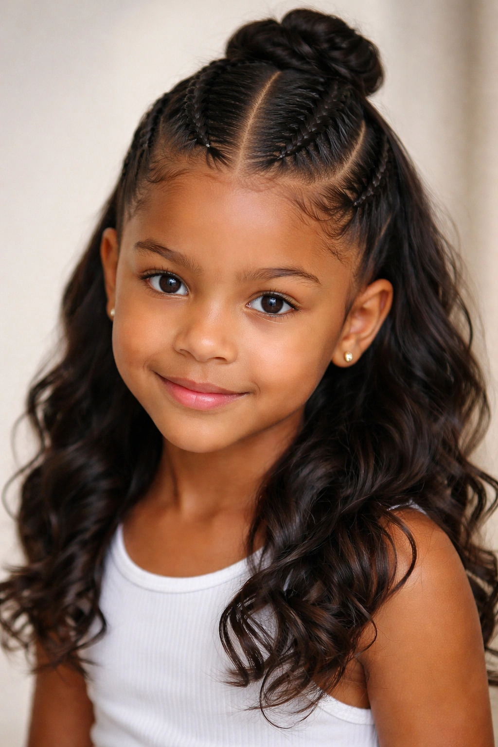 Close-up of a child's head showing center-parted two thick cornrows