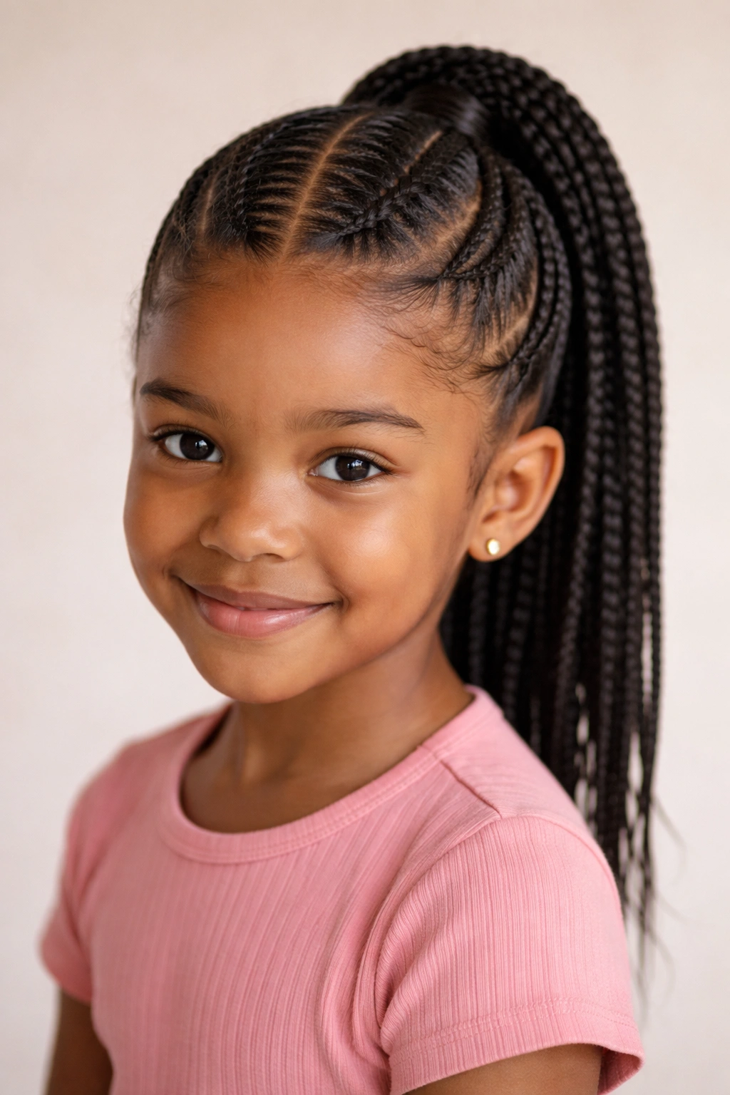 Young child with two center-part cornrows gathered into a neat ponytail