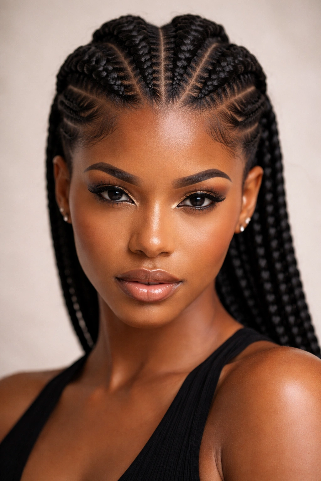 Close-up of a bold center-part crown with undercut side cornrows