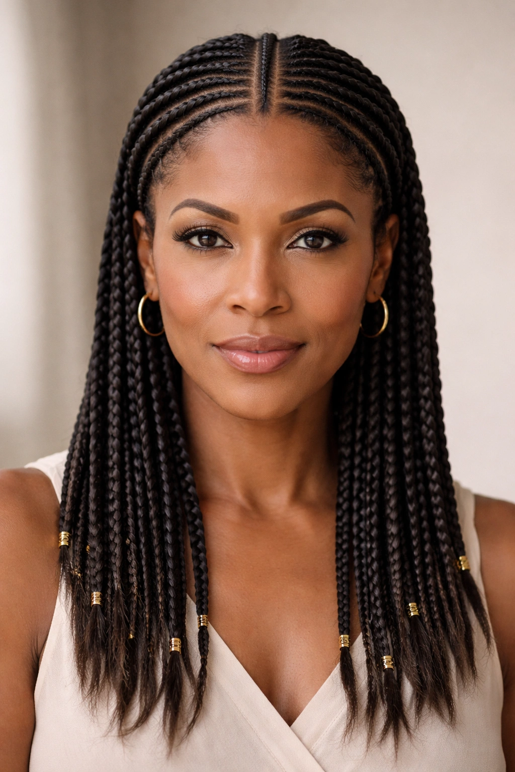 Center-parted cornrows creating vertical elongation on a round face