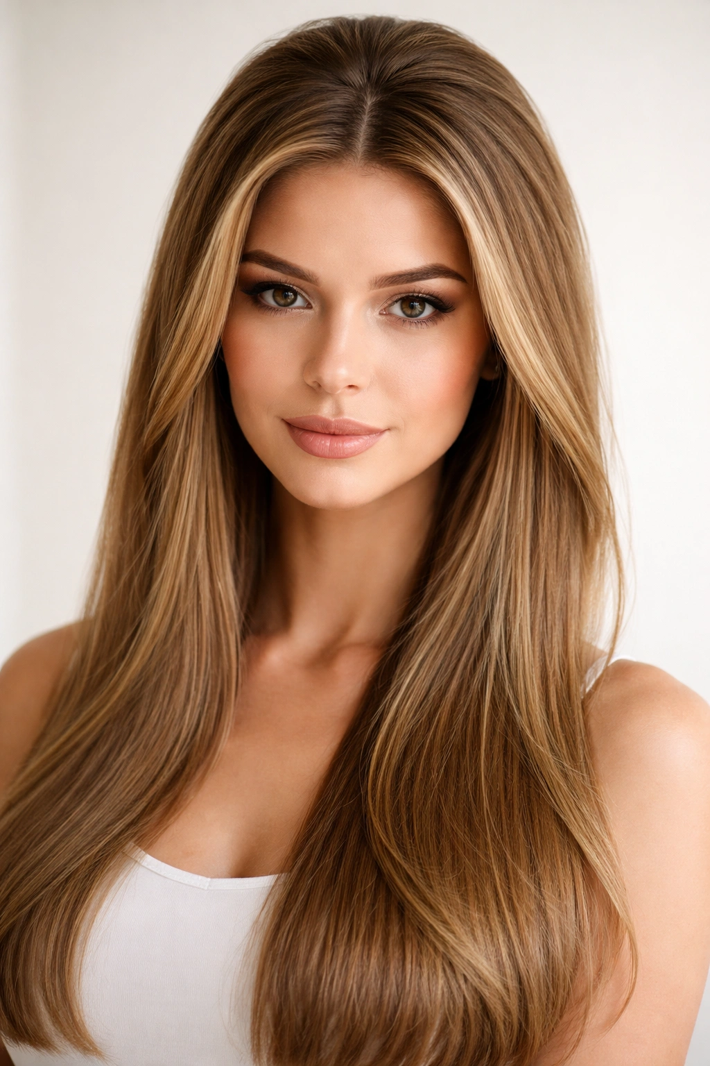 Center-parted hair with crown volume.