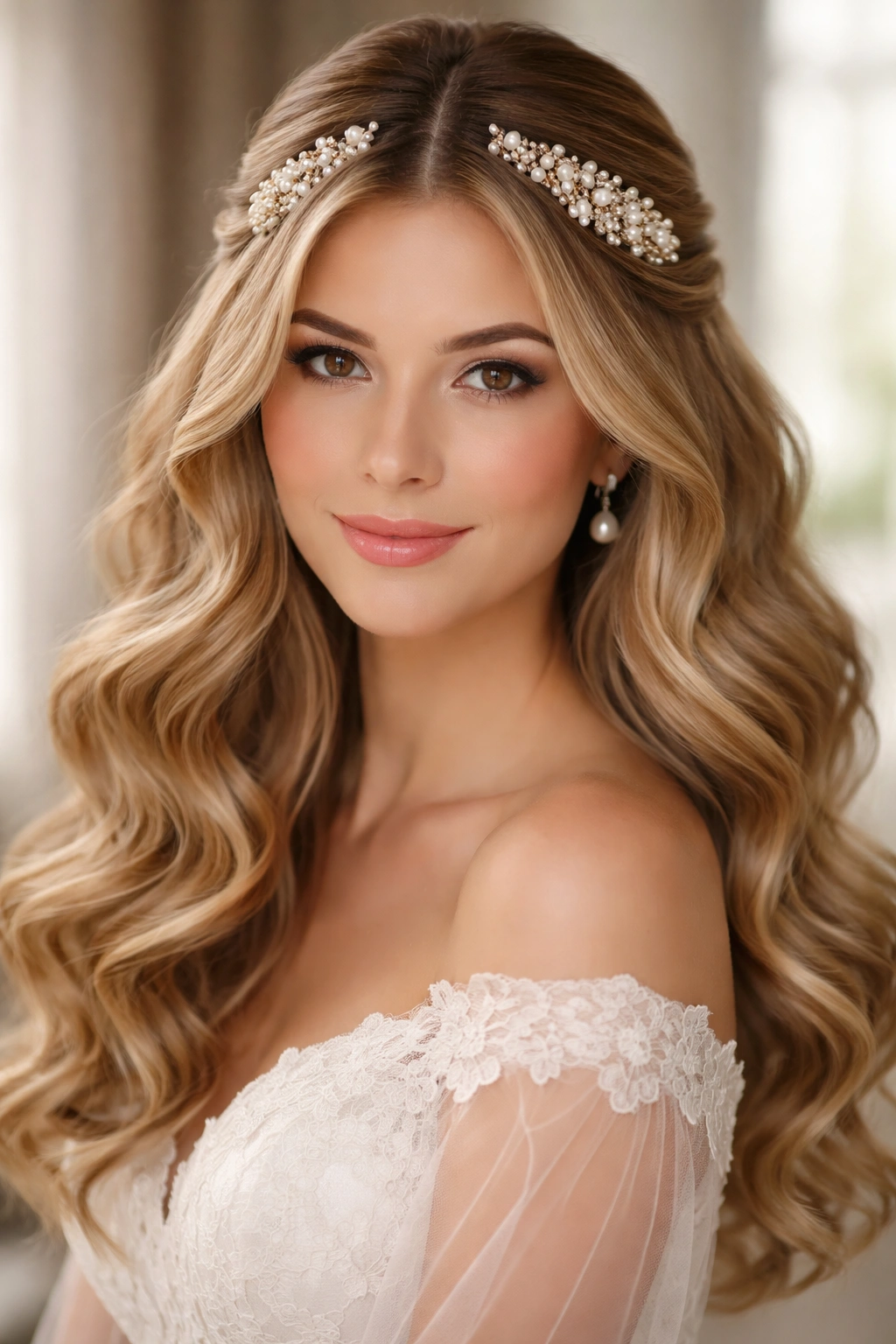 Center-parted soft curls with large pearl comb at back