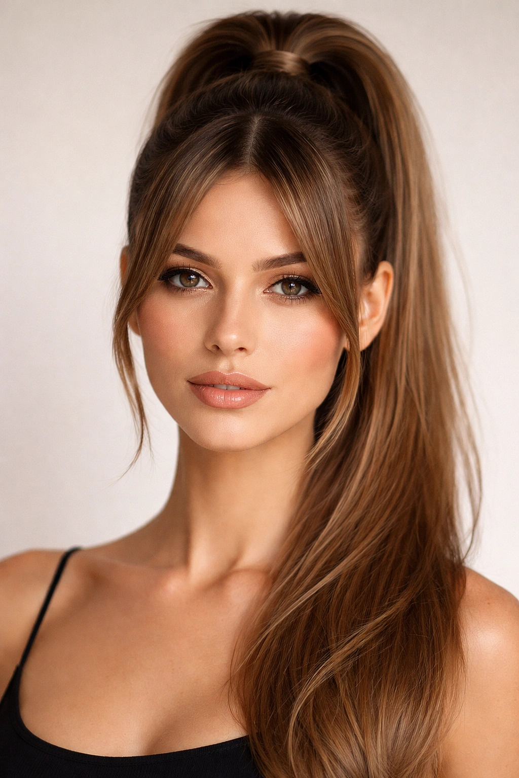 High ponytail with center-parted curtain bangs showing symmetrical framing