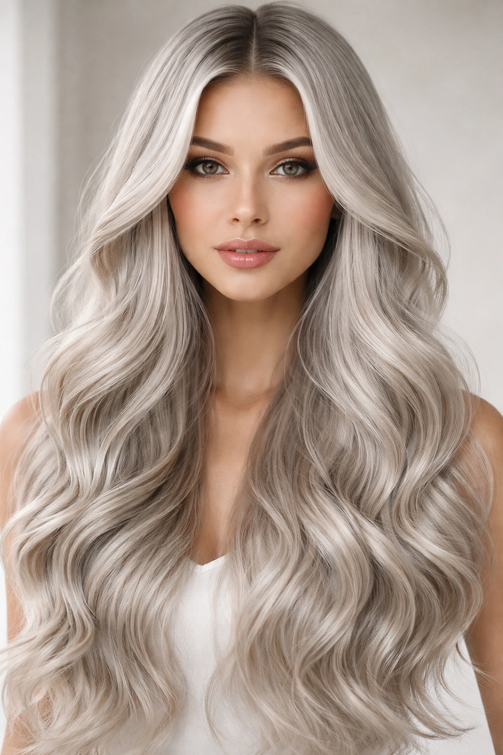 Long silver hair with center part and curtain-like soft waves framing the face.