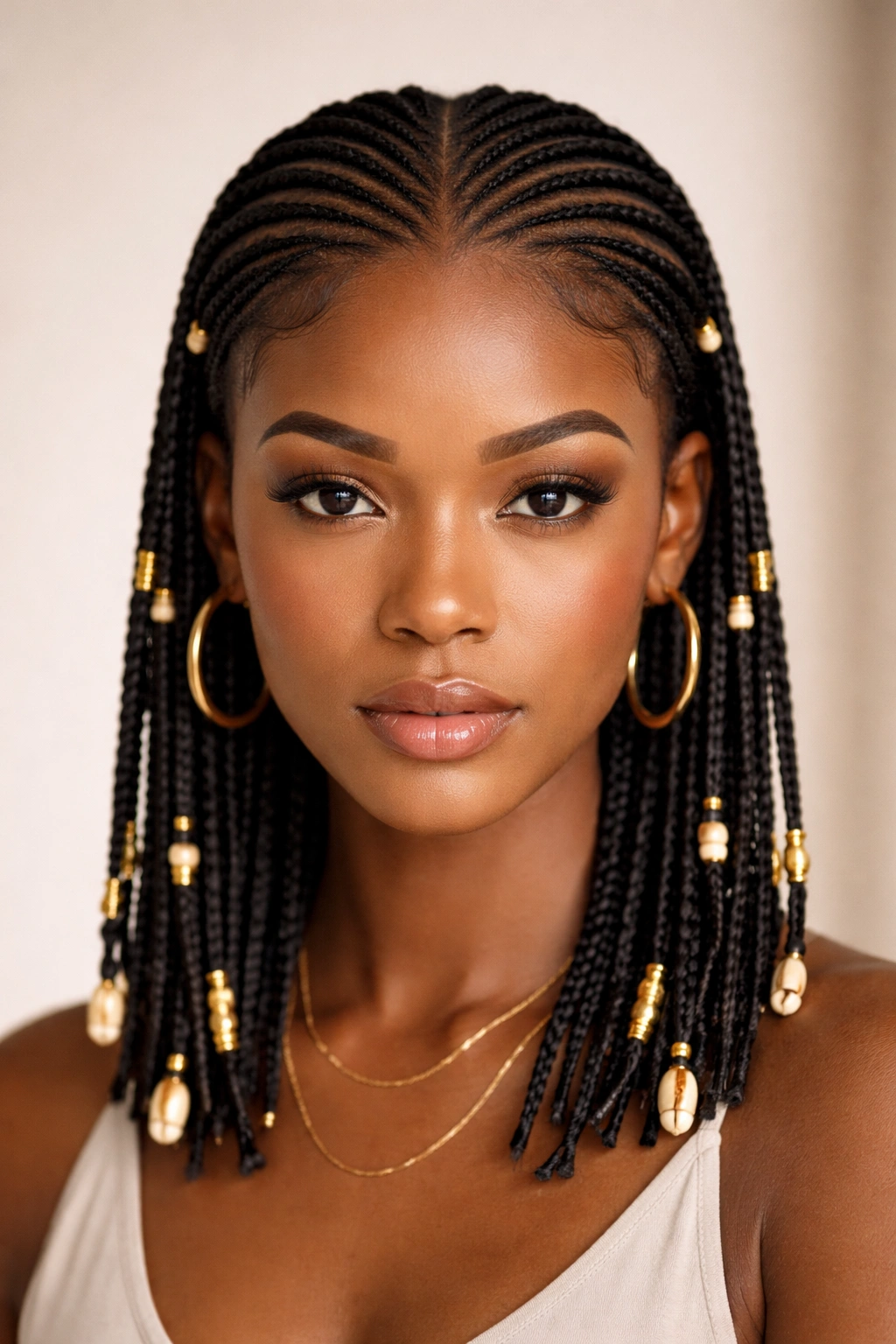 Center-parted sleek Fulani braids on short hair.