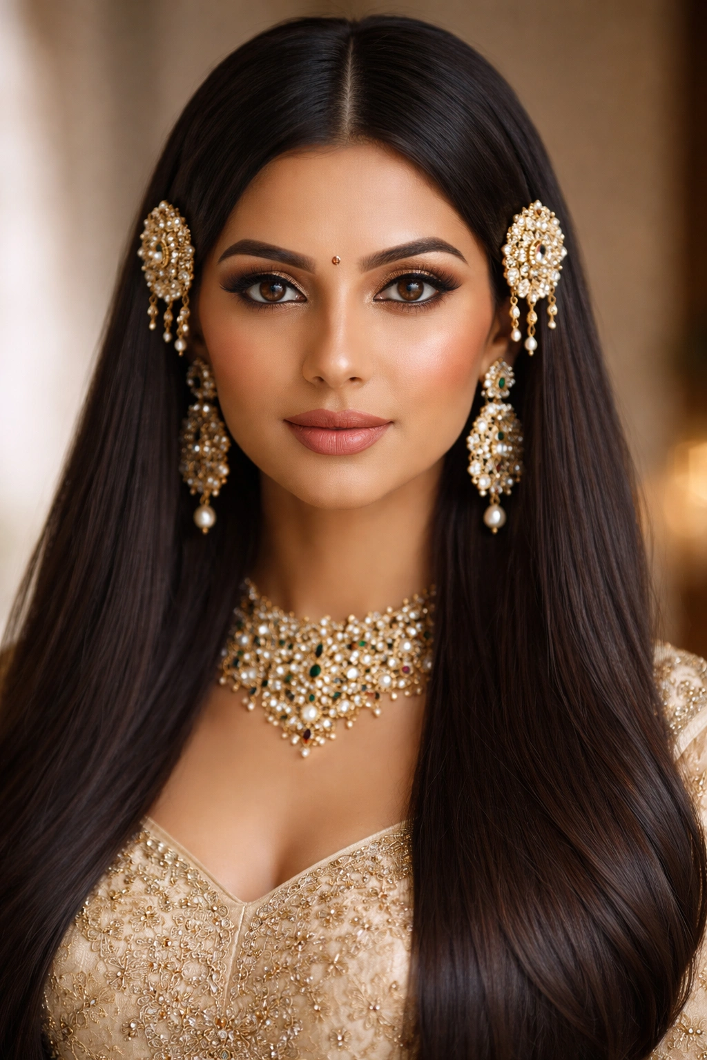 Center-parted straight hair with decorative accessories on the sides