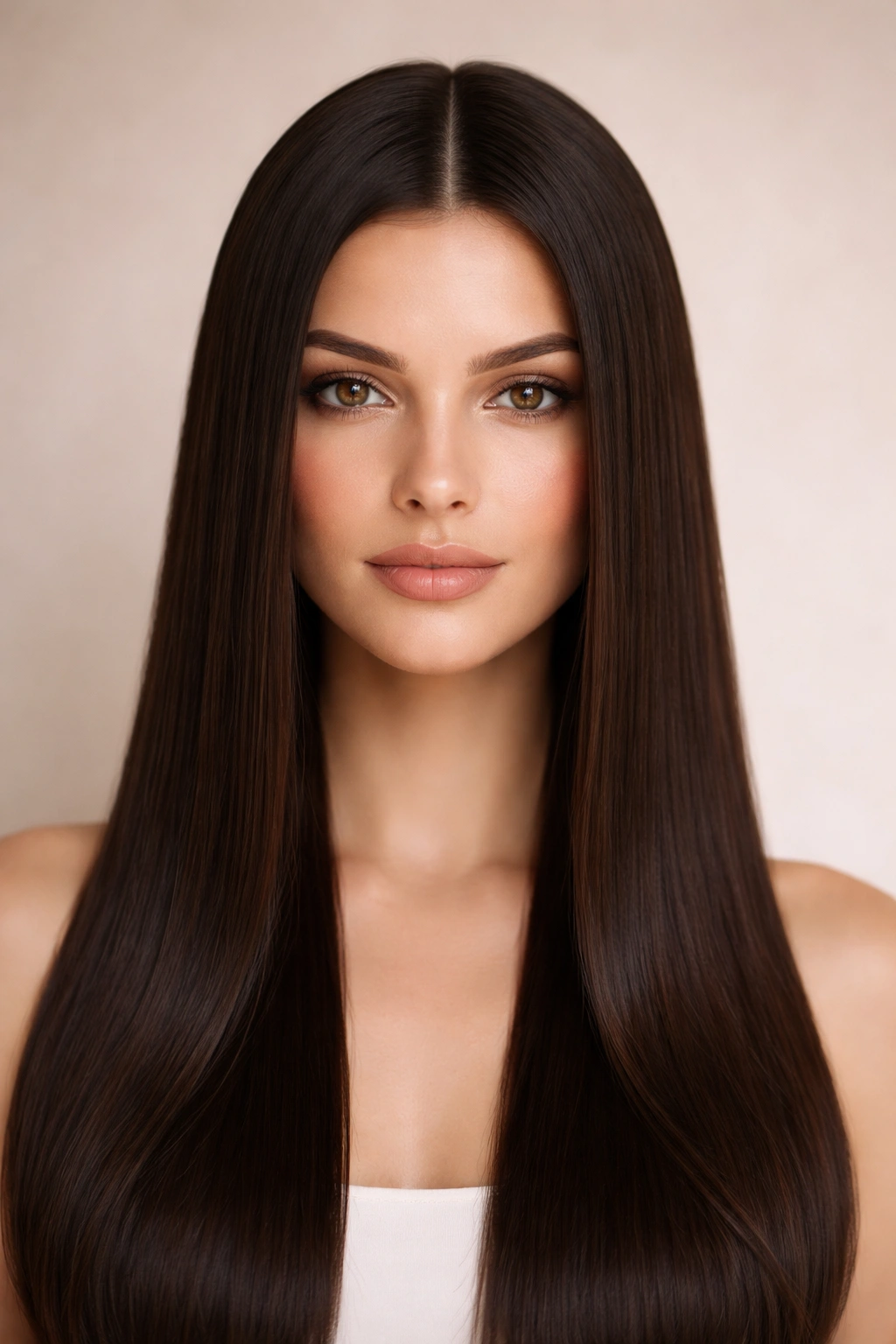 Hair parted perfectly center with sleek, symmetrical straight texture.
